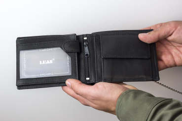 LEAS Geldbörse Herren kompakt mit RFID Schutz und Kette, Biker Herren Geldbeutel für die Hosentasche in Echt-Leder, Portmonee im Querformat, schwarz